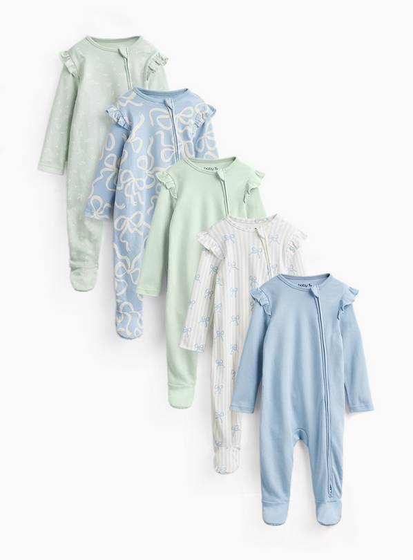 Green & Blue Bow Print Frill Detail Sleepsuits 5 Pack 9-12 months
